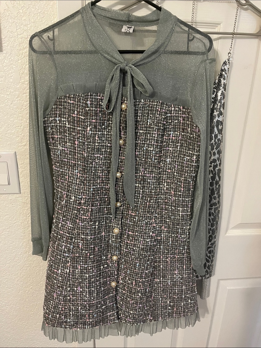 CHANEL looking Sage Green Sheer-Overlay Tweed Mini Dress Cocodenu